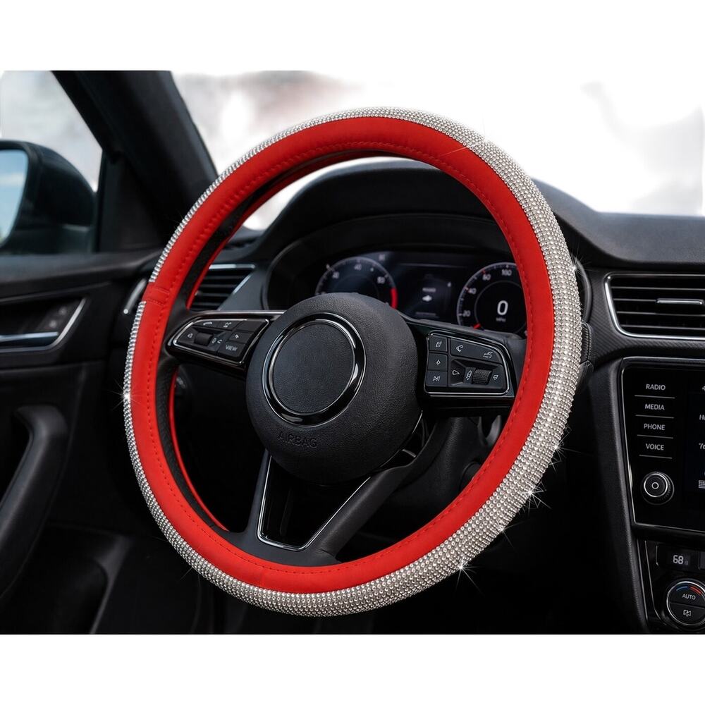 Bling Rhinestone Steering Wheel Cover Red Crystal 12” Universal Microfiber NWT